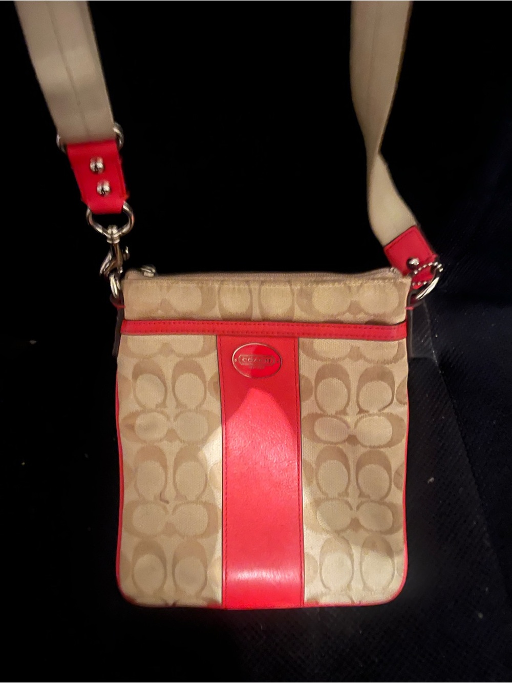 Coach Beige Signature Crossbody with Red Trim